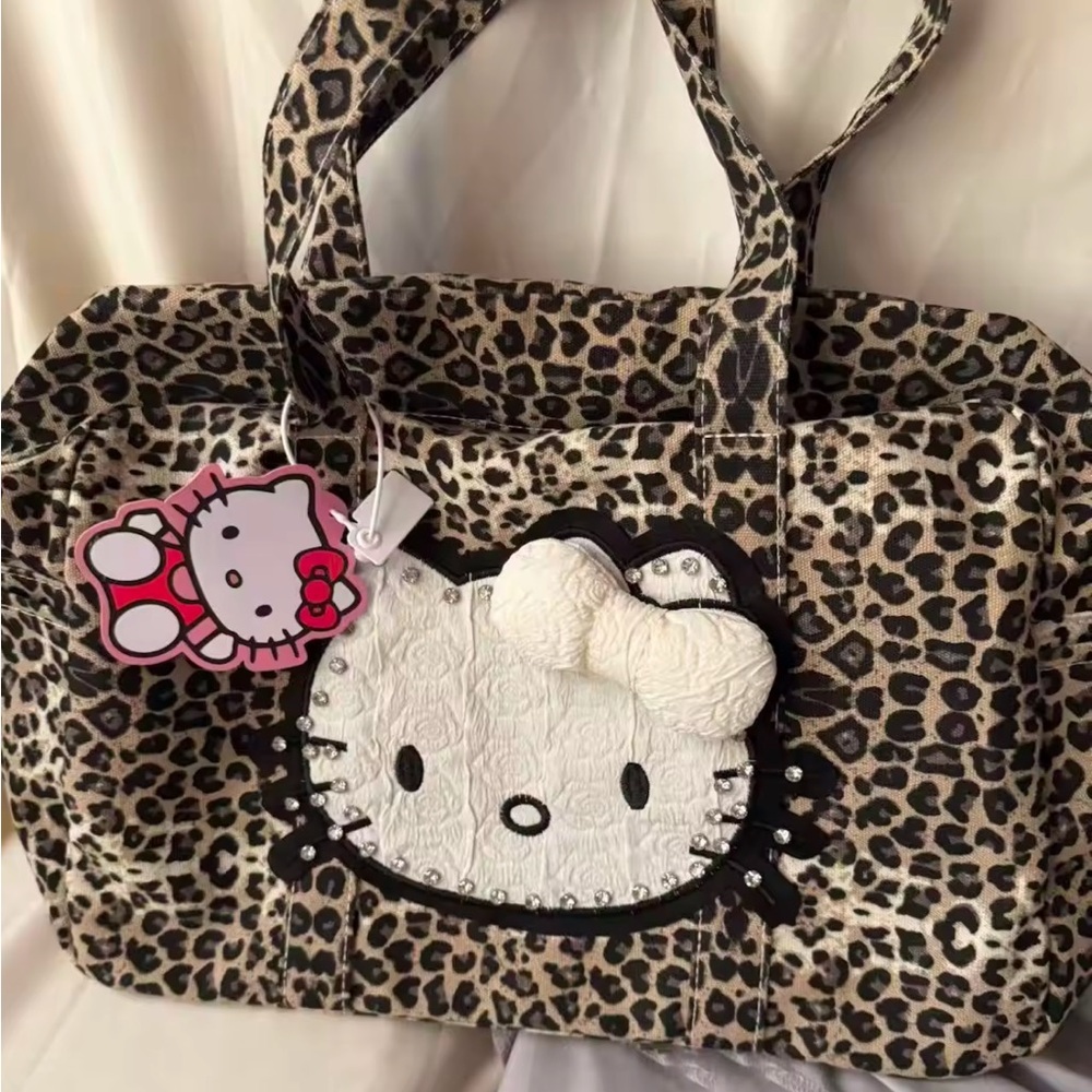 Vintage Leopard Womens Tote Bag Hello Kitty Patchwork Fashion Large Capacity
